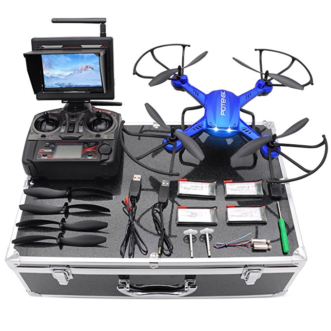 Potensic Drone with HD Camera F181DH RC Drone Quadcopter RTF Altitude Hold UFO with Stepless-speed Function, 2MP Camera& 5.8Ghz FPV LCD Screen Monitor & Drone Carrying Case - Blue